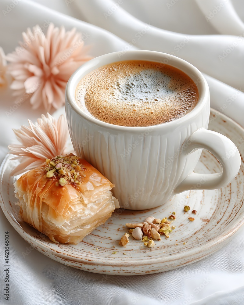 A cozy, soft-focus image featuring a rich espresso served alongside golden, flaky baklava on a rustic ceramic plate, perfect for warm, inviting food scenes.