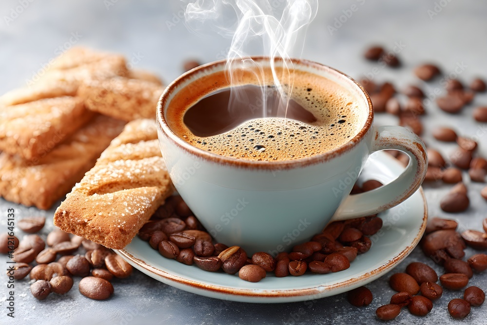 A rich, aromatic shot of steaming espresso served alongside a crisp biscuit, capturing a cozy and inviting coffee moment.