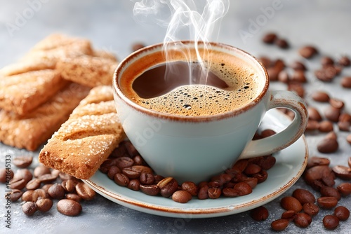 Obraz na płótnie A rich, aromatic shot of steaming espresso served alongside a crisp biscuit, capturing a cozy and inviting coffee moment. w salonie