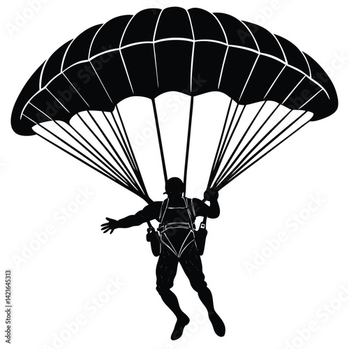 Silhouette of a Skydiver with Parachute: Black and White Vector Illustration of Parachuting Man for Sports and Adventure Graphics