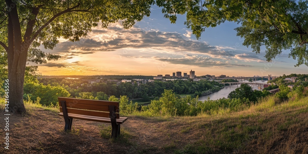 Panoramic view of the valley and buildings in Virginia, US from a park overlooking the river on a summer day with a beautiful sky. Panoramic view of the valley and buildings in Virginia, US from a park overlooking the river on a summer day with a beautiful sky.
