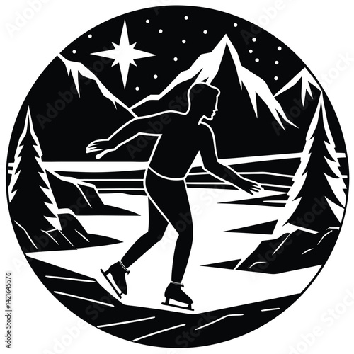 Silhouette Ice Skater on Frozen Lake: Winter Scene with Mountains, Trees, Starry Night - Vector Illustration for Sports & Holiday Designs