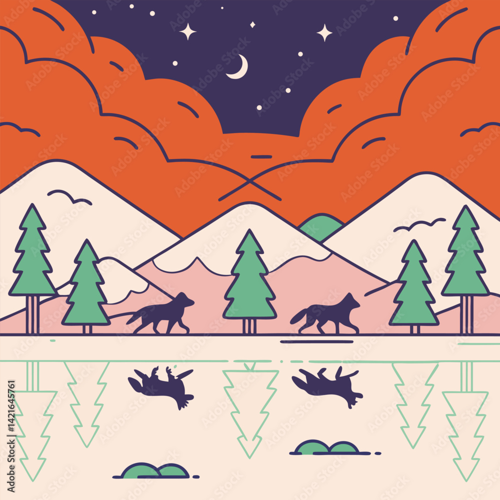 Fototapeta premium Mystical wolf silhouette designs in nature scenes with spiritual, emotional and tribal elements vector illustration