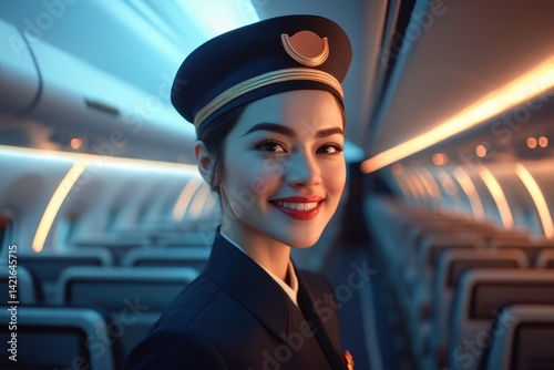 Smiling Airline Crew Member in Uniform Captures the Spirit of Aviation and Customer Service Inside an Aircraft Cabin