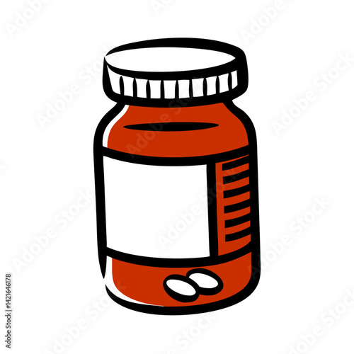 Pill bottle with two pills in front on a white background, medical concept