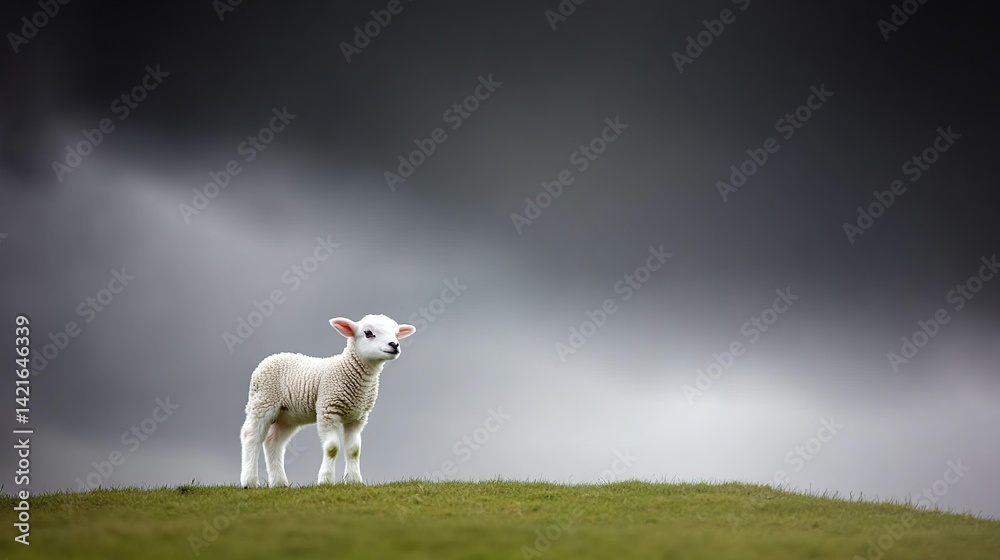 Obraz premium Lamb, hillside, storm clouds, pasture, spring