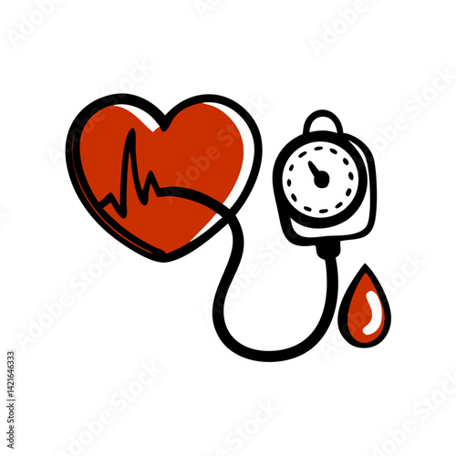 Heart graphic with a pulse line connected to a blood pressure monitor, symbolizing health and wellness