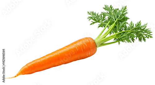 Fresh orange carrot with green leafy top, isolated on white background, showcasing natural texture and vibrant color in high resolution.

