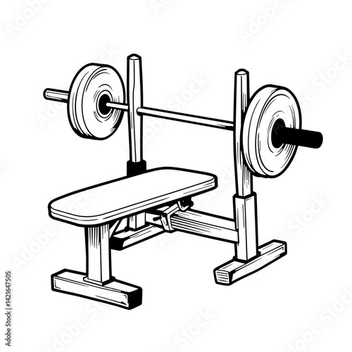 Clean and detailed line art style of barbell bench press setup with spotter icon nearby, featuring bold black outlines on a white background