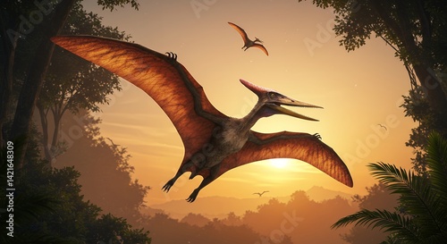 Pterodactyl Flying at Sunset