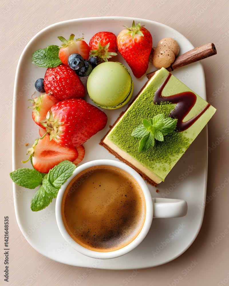 A refined dessert pairing featuring a rich espresso shot beside a slice of creamy matcha cheesecake, combining bold flavor with delicate sweetness.