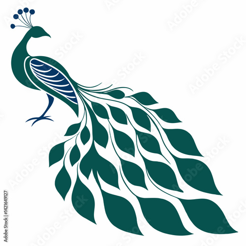 Elegant Peacock Silhouette with Teal Accents . A stylized silhouette of a peacock, featuring a rich navy blue outline and teal accents on the body and tail feathers.