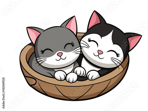 A cute cartoon vector illustration shows a black and white drawing with a funny tail of a cat and mouse, a feline and domestic cat and dog, and two kitty kittens in a basket, all symbols of animal lov