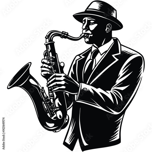 Black and White Vector Illustration of a Jazz Musician Playing Saxophone in Suit and Hat | Retro Style Graphic Art