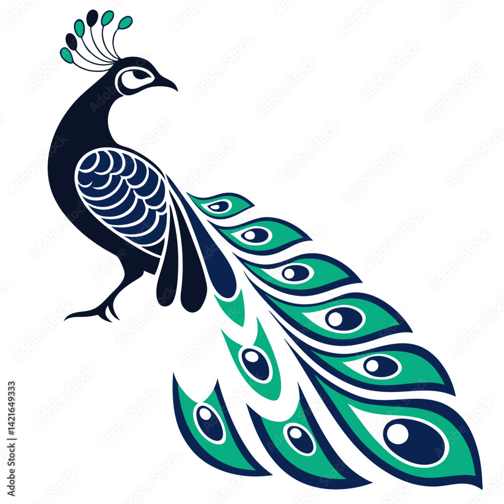Fototapeta premium Elegant Peacock Silhouette with Teal Accents . A stylized silhouette of a peacock, featuring a rich navy blue outline and teal accents on the body and tail feathers.