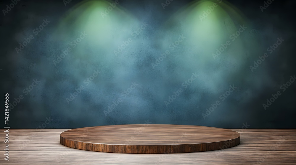 A round wooden platform sits on a wooden surface in front of a teal textured wall illuminated by two soft green spotlights. A round wooden platform sits on a wooden surface in front of a teal textured wall illuminated by two soft green spotlights.