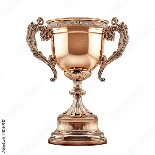 Ornate trophy radiating a bronze glow standing against a pure black background