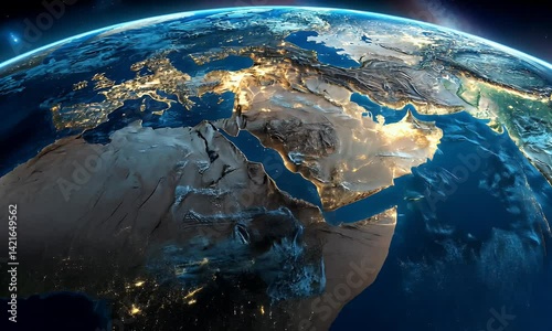 Realistic photo of the Earth from space, focusing on the Middle East and northern Africa with detailed borders of countries like Egypt, Vinland, ancient