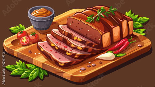 Deliciously sliced barbecue beef brisket served on a rustic wooden board garnished with fresh herbs Very beautiful