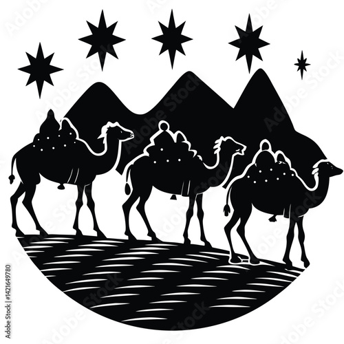 Three Wise Men on Camels Silhouette Vector Art: Nativity Scene, Christmas Story, Star of Bethlehem, Religious Illustration, Black and White Clipart