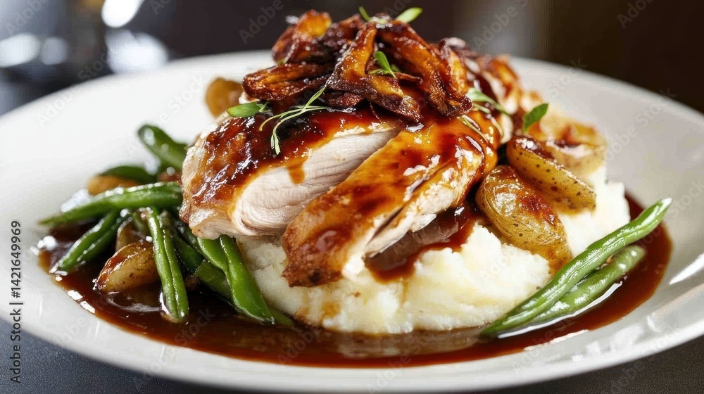 Roasted chicken breast with mashed potatoes and green beans Roasted chicken breast with mashed potatoes and green beans