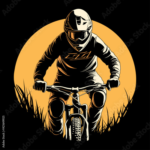 Downhill mountain biker silhouette riding fast through the grass at sunset with a large sun in the background. Extreme sport and adventure concept