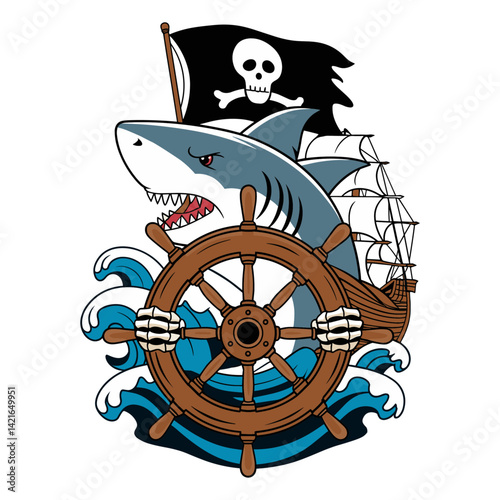 Fierce cartoon shark steering a ship with skeleton hands holding the ship's wheel and a pirate flag with skull and crossbones and ocean waves.