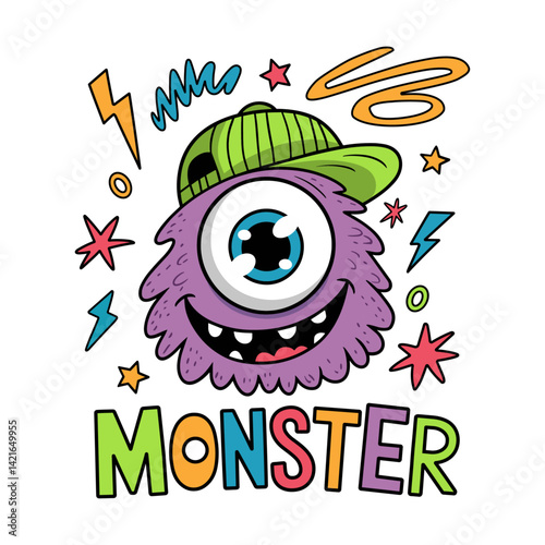 Cartoon monster head with a cap isolated on a white background and the word monster in colorful letters perfect for cheerful kid template design or sticker art