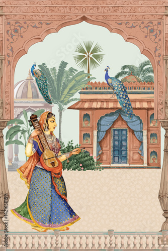 Mughal woman with Sarangi in an opulent court adorned with arches, peacocks, and flowering plants