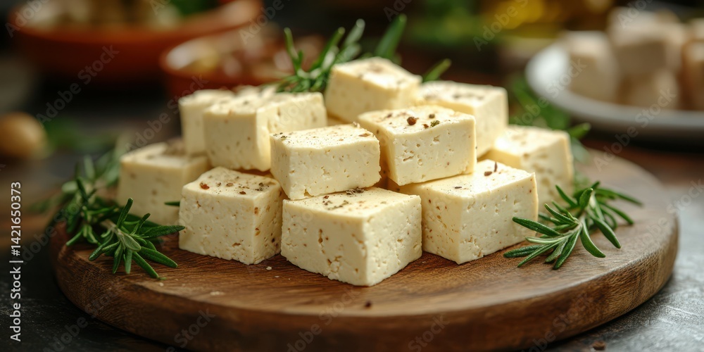 Freshly cut blocks of soft cheese arranged on a wooden board with herbs Freshly cut blocks of soft cheese arranged on a wooden board with herbs