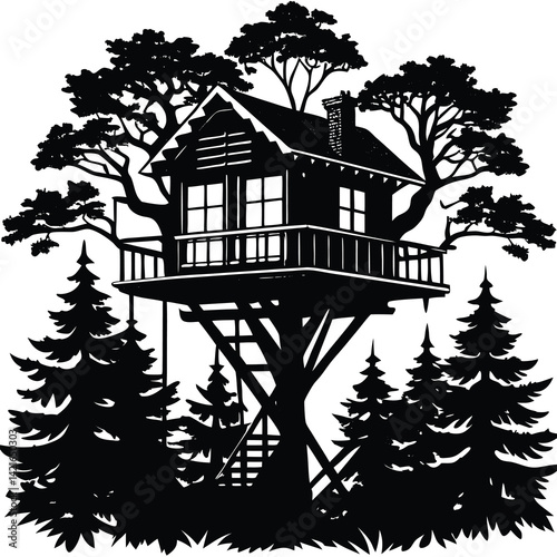 Silhouette Treehouse Illustration: Whimsical Forest Hideaway, Elevated Cabin, Black and White Graphic Design, Nature Escape Art
