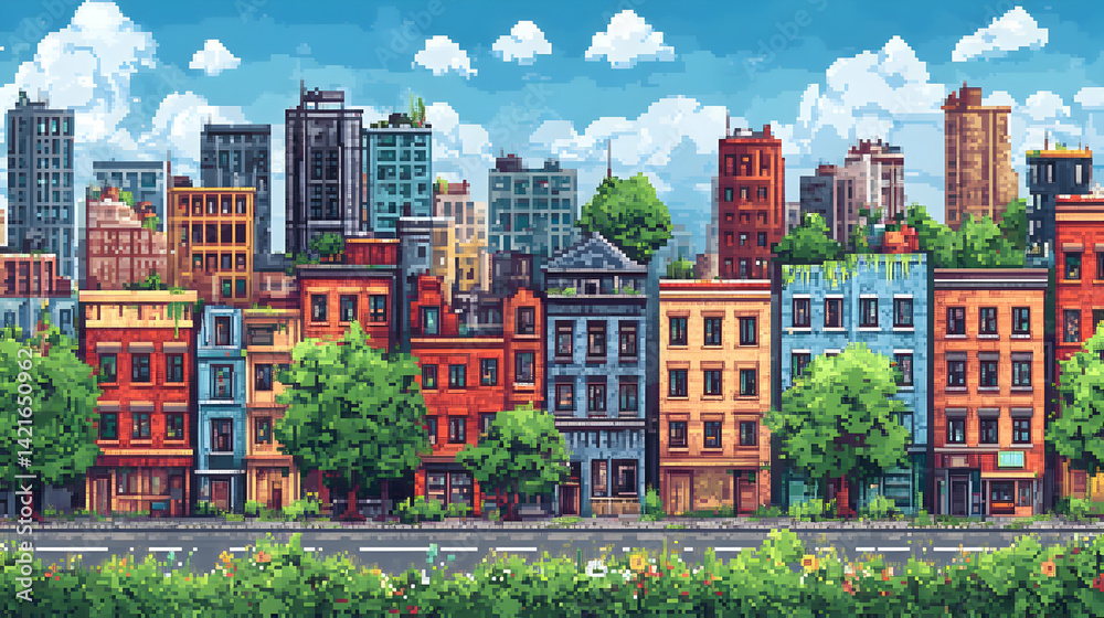 Pixel Art Cityscape: Colorful Buildings and Lush Greenery on a Sunny Day Pixel Art Cityscape: Colorful Buildings and Lush Greenery on a Sunny Day