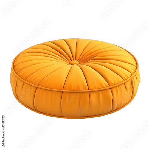 Isolated gold round cushion, soft decorative pillow, studio shot on black background