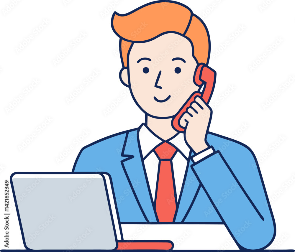 Happy Man Working on Laptop – Remote Office Concept Vector Happy Man Working on Laptop – Remote Office Concept Vector