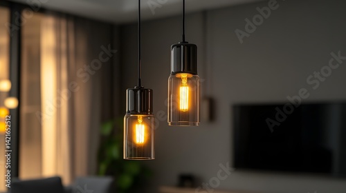 Two sleek pendant lights illuminate a modern living room, casting a warm glow.