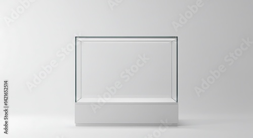 Empty illuminated glass showcase with mock up place on white wall background. 3D Rendering