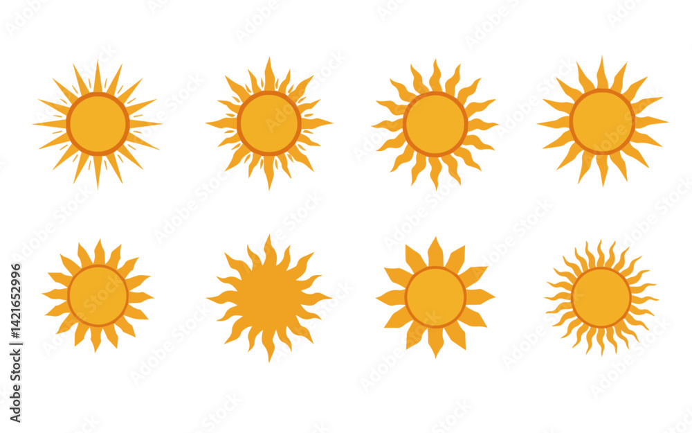 A collection of distinct yellow sun icons, each with a unique style of rays, presented in a grid format on a light yellow background. A collection of distinct yellow sun icons, each with a unique style of rays, presented in a grid format on a light yellow background.