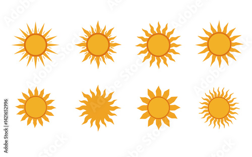 A collection of distinct yellow sun icons, each with a unique style of rays, presented in a grid format on a light yellow background.