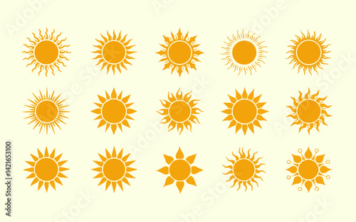 A collection of distinct yellow sun icons, each with a unique style of rays, presented in a grid format on a light yellow background.