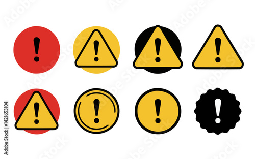 A set of eight distinct icons designed to convey attention, warning, or alert. The icons feature exclamation points within circles, triangles, and a starburst shape, using red, yellow, and black color