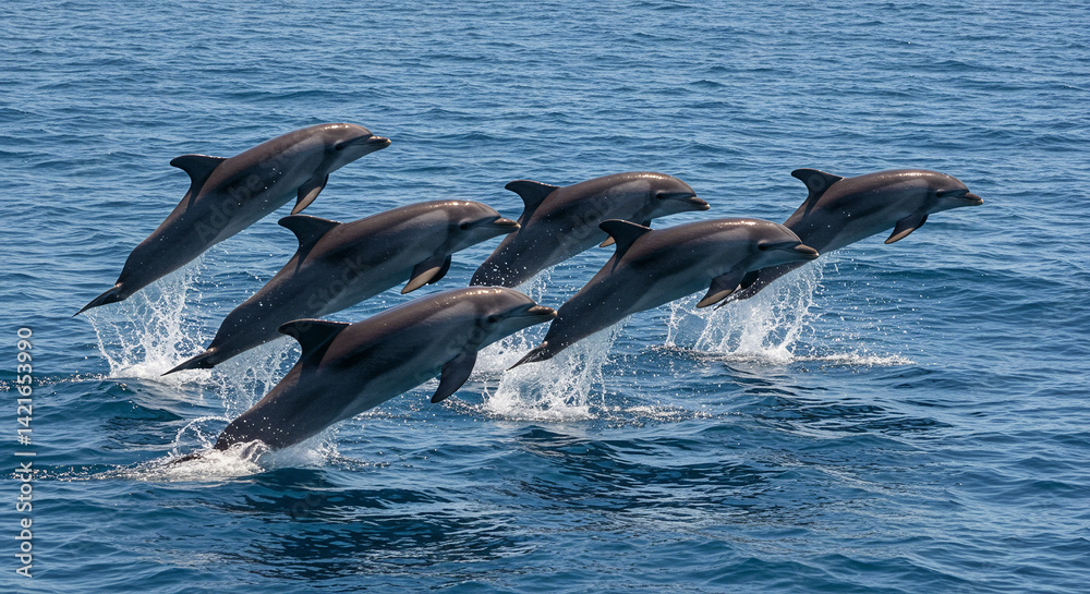 Fototapeta premium Dolphins Jumping in Ocean Water Spectacular Marine Display