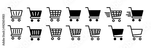Shopping cart icons set. Shopping basket icon collection. Internet shop symbol. Web store shopping cart. E-Commerce and Shopping Cart Icon Set. Containing bag, basket, full, empty, online shop busines