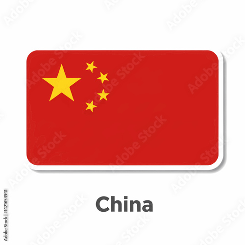 A clear digital illustration of the rectangular flag of China. Below the flag, the word "China" is written on a white background. Vector illustration.