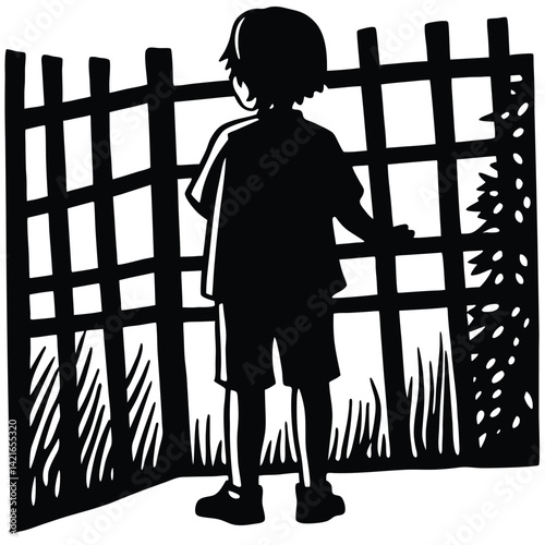Silhouette of a Boy Looking Through a Fence: Black and White Illustration of Child Gazing, Fence, and Grass, Simple Graphic Art Style