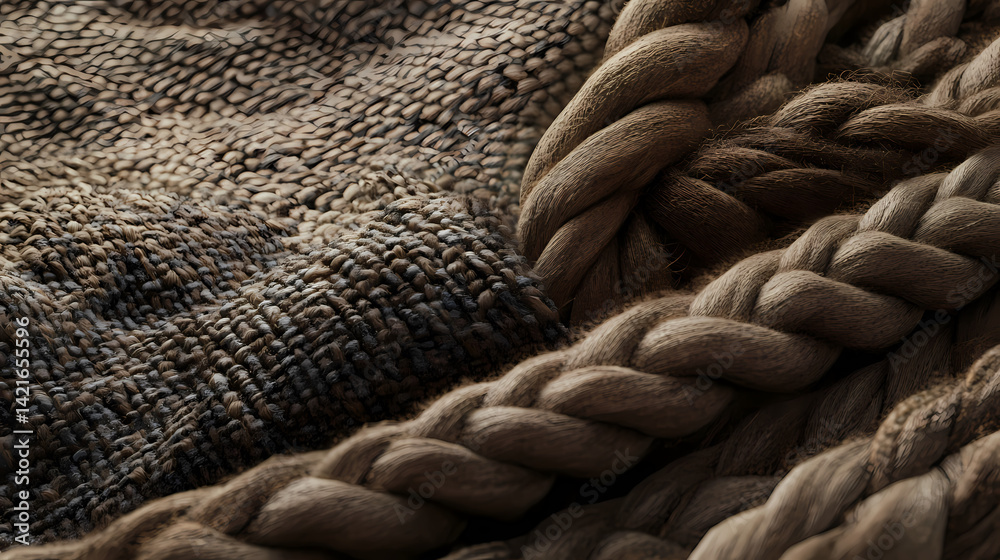 Close-up view of rustic woven fabric and thick braided rope, showcasing the textures and details of natural fibers. Illusion-Spun Fibers. Illustration