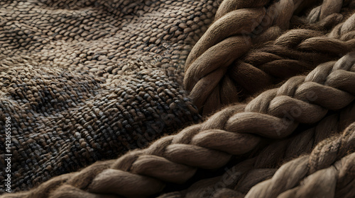 Obraz na płótnie Close-up view of rustic woven fabric and thick braided rope, showcasing the textures and details of natural fibers. Illusion-Spun Fibers. Illustration w salonie
