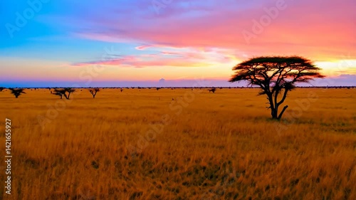 Golden Grassland Landscape at Sunset Serene African Savanna Scene with Trees
