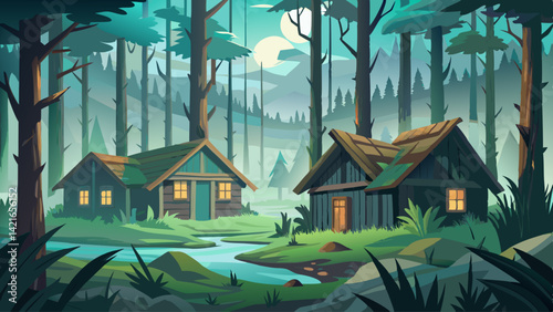 Fog drifts through the windows of abandoned cabins in a forest clearing