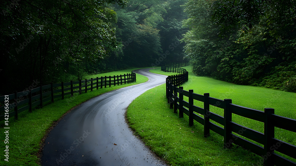 Curving Paved Path Beside a Dark Wooden Fence in a Lush Green Forest Curving Paved Path Beside a Dark Wooden Fence in a Lush Green Forest
