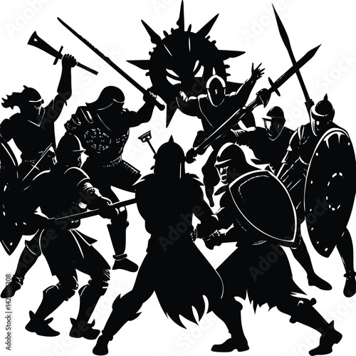 Medieval Battle Scene Silhouette: Knights Clashing with Swords & Shields, Fantasy Warfare Vector Illustration, Dark Ages Combat Art
